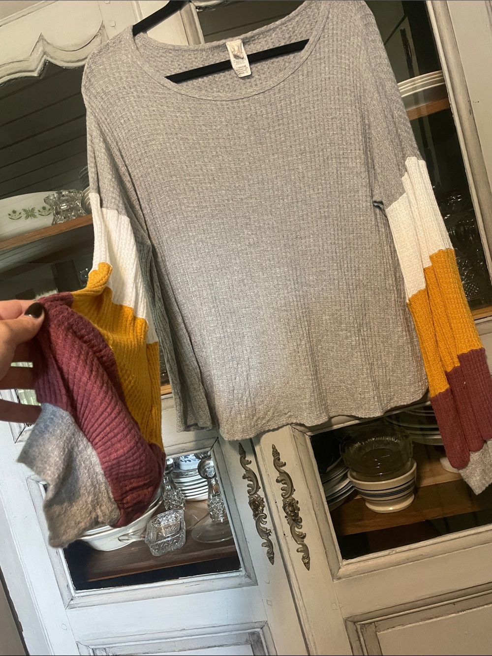 Light Gray Ribbed Long-Sleeve Top with Colorblock Sleeves
